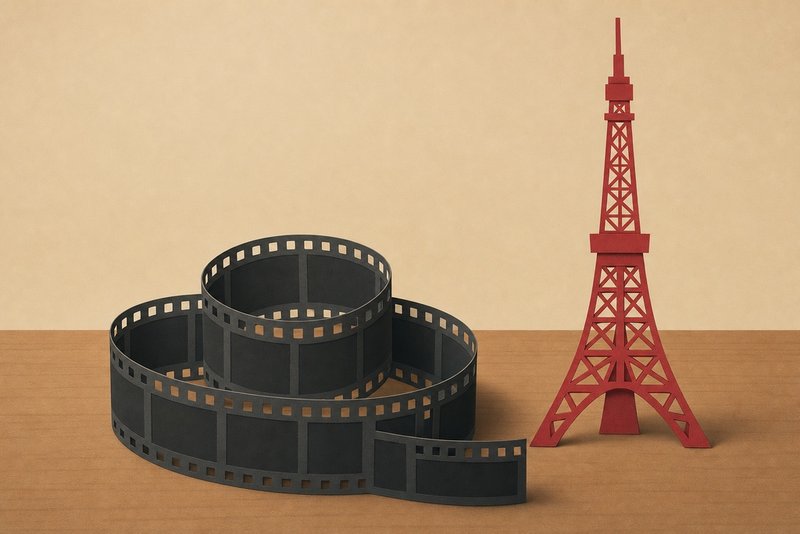 35ミリフィルムと赤いタワーのシルエットを配した切り絵風の静物イラスト