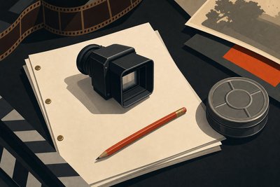脚本用紙とディレクターズ・ファインダー、フィルム缶を配した映画製作を思わせる静物